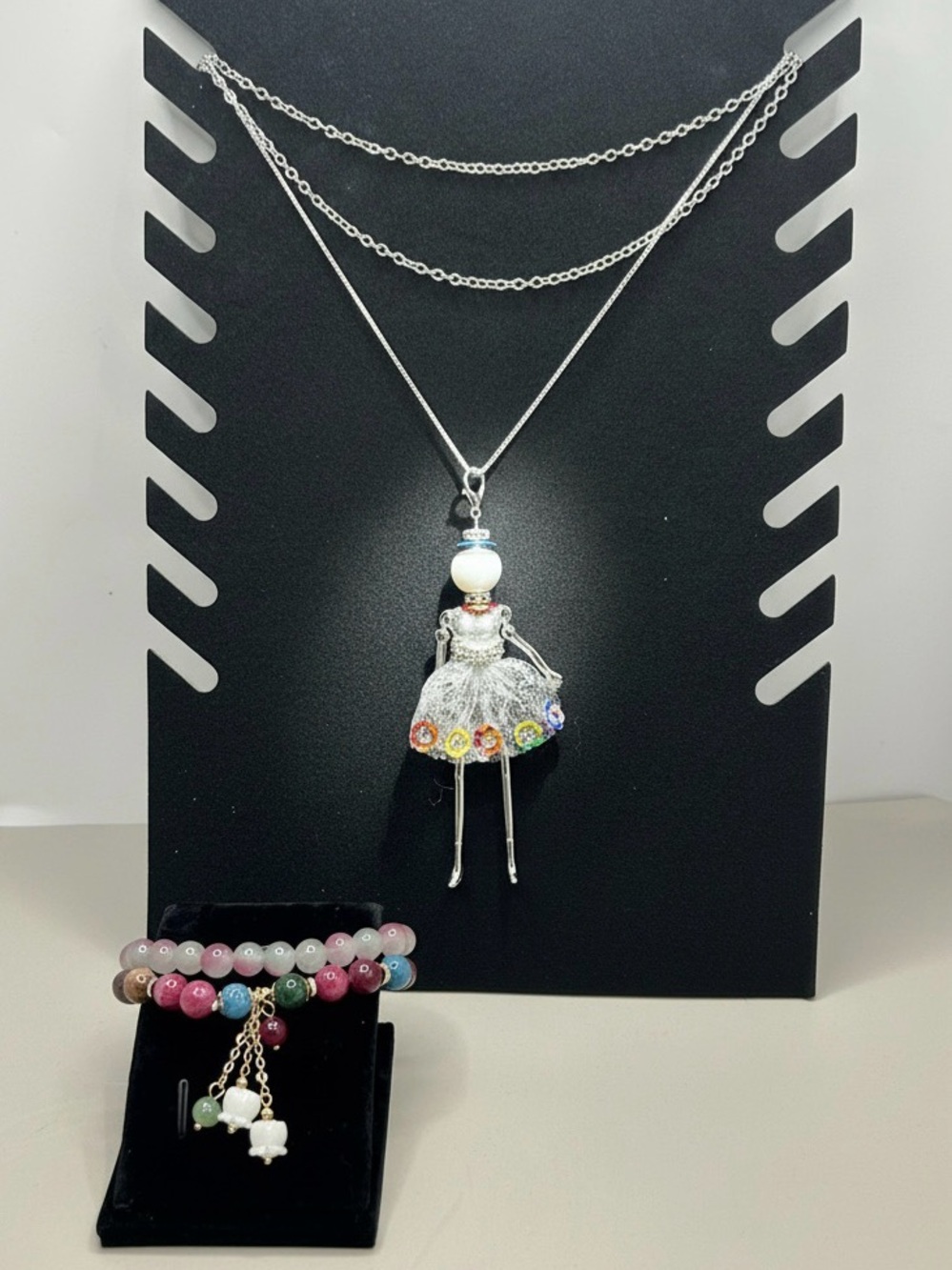 Silver Doll Flower Skirt Pendant Necklace with Beaded Bracelets